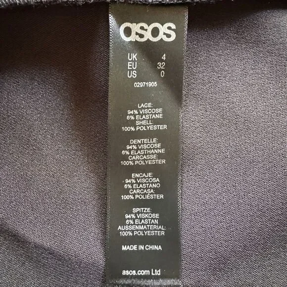 ASOS Mini Dress Black Sz 0 High Neck Skate Lace Insert & Lace Sleeves Stretch - Picture 7 of 16